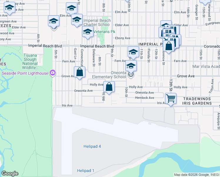 map of restaurants, bars, coffee shops, grocery stores, and more near 1409 9th Street in Imperial Beach