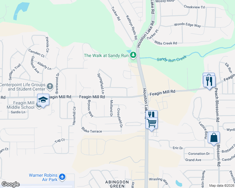 map of restaurants, bars, coffee shops, grocery stores, and more near 1017 Feagin Mill Road in Warner Robins