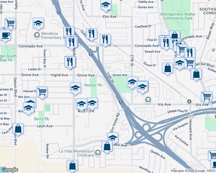 map of restaurants, bars, coffee shops, grocery stores, and more near 1360 Oro Vista Road in San Diego