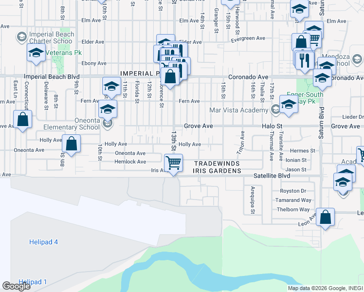map of restaurants, bars, coffee shops, grocery stores, and more near 1327 Holly Avenue in Imperial Beach