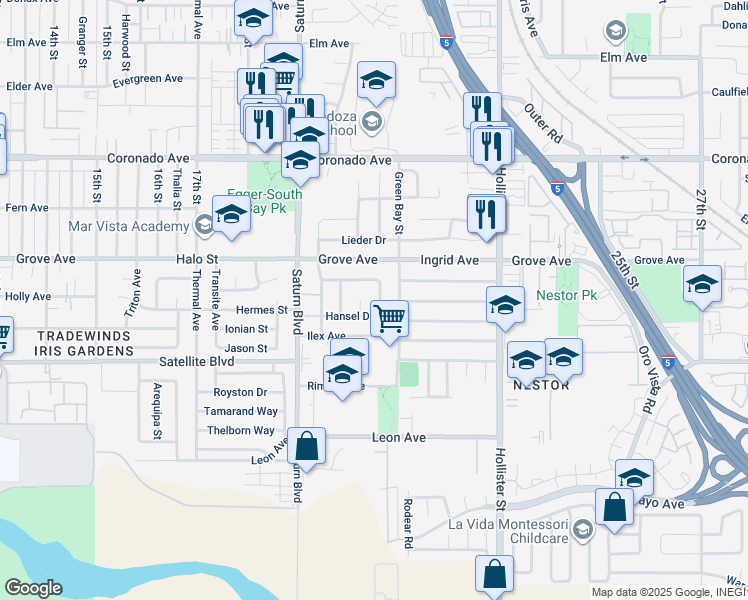 map of restaurants, bars, coffee shops, grocery stores, and more near 1394 New Chatel Drive in San Diego
