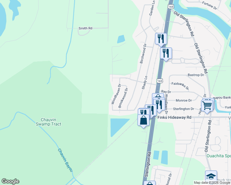 map of restaurants, bars, coffee shops, grocery stores, and more near 521 Woodhaven Drive in Monroe