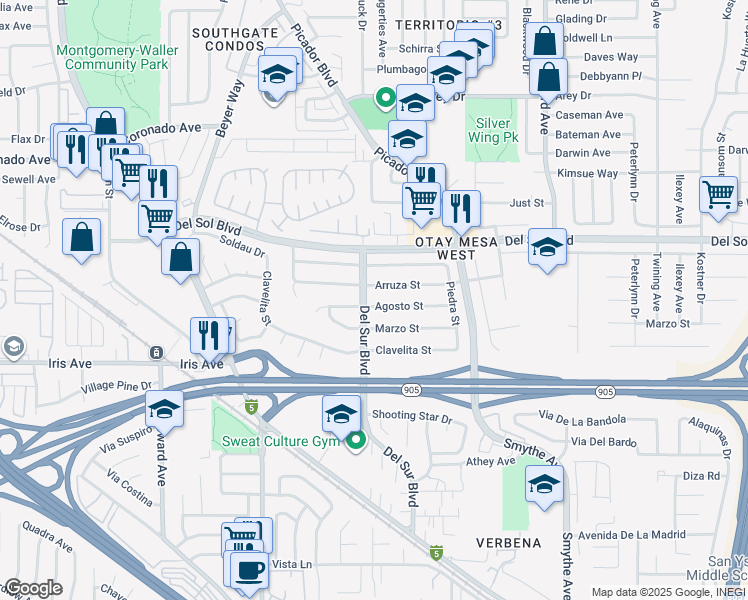 map of restaurants, bars, coffee shops, grocery stores, and more near 3655 Agosto Street in San Diego