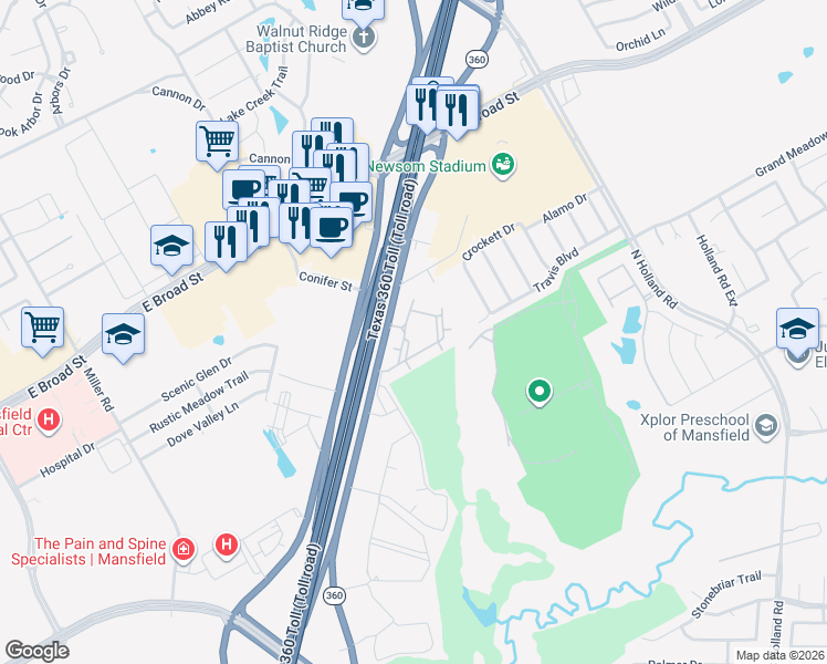map of restaurants, bars, coffee shops, grocery stores, and more near 400 North State Highway 360 in Mansfield