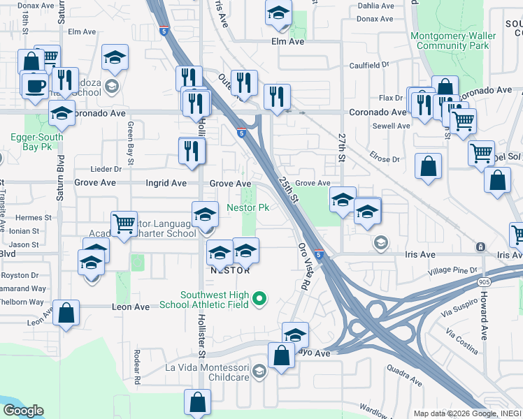 map of restaurants, bars, coffee shops, grocery stores, and more near 1330 Oro Vista Road in San Diego