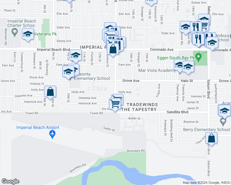 map of restaurants, bars, coffee shops, grocery stores, and more near 13th Street & Holly Avenue in Imperial Beach