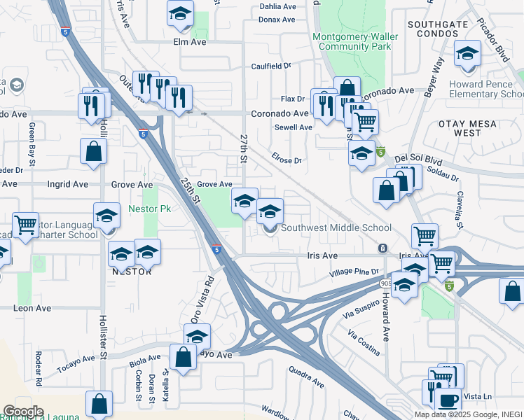map of restaurants, bars, coffee shops, grocery stores, and more near 1411 27th Street in San Diego