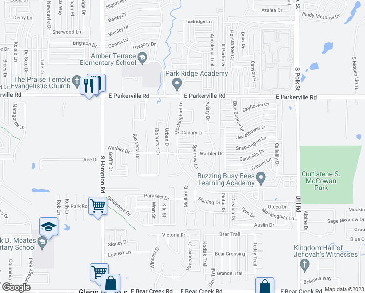 map of restaurants, bars, coffee shops, grocery stores, and more near 438 Finch Drive in DeSoto