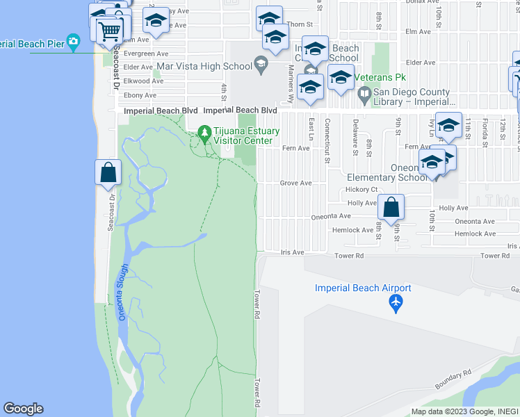 map of restaurants, bars, coffee shops, grocery stores, and more near 1370 5th Street in Imperial Beach