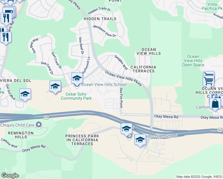 map of restaurants, bars, coffee shops, grocery stores, and more near 5341 Calle Rockfish in San Diego
