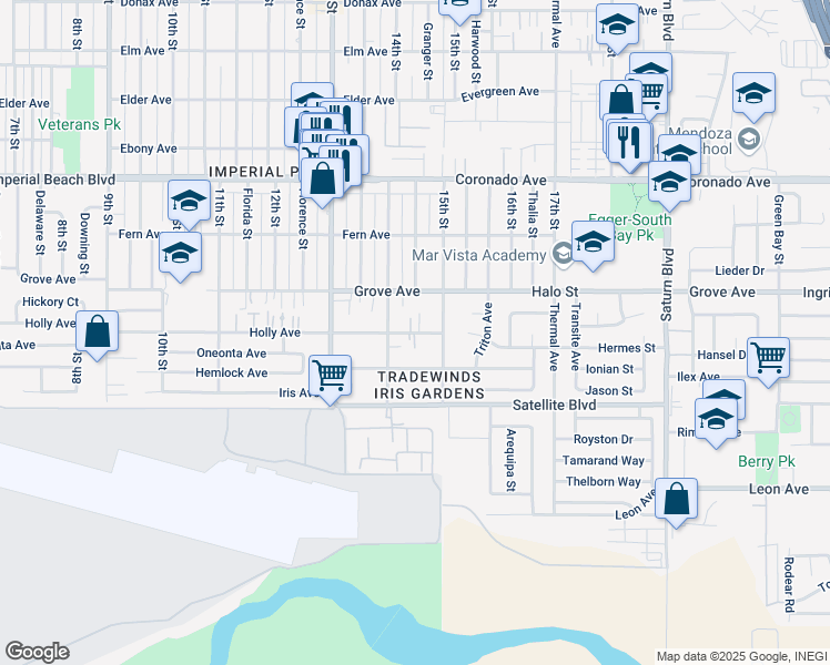 map of restaurants, bars, coffee shops, grocery stores, and more near 1473 Holly Avenue in Imperial Beach