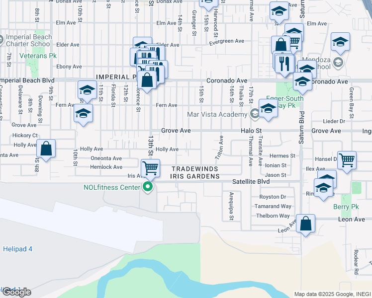 map of restaurants, bars, coffee shops, grocery stores, and more near 1473 Holly Avenue in Imperial Beach