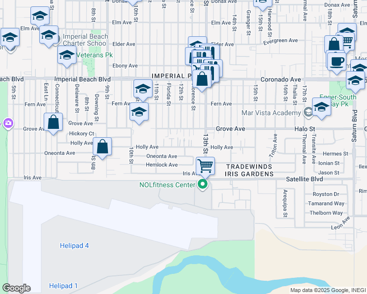 map of restaurants, bars, coffee shops, grocery stores, and more near 1136 Oneonta Avenue in Imperial Beach