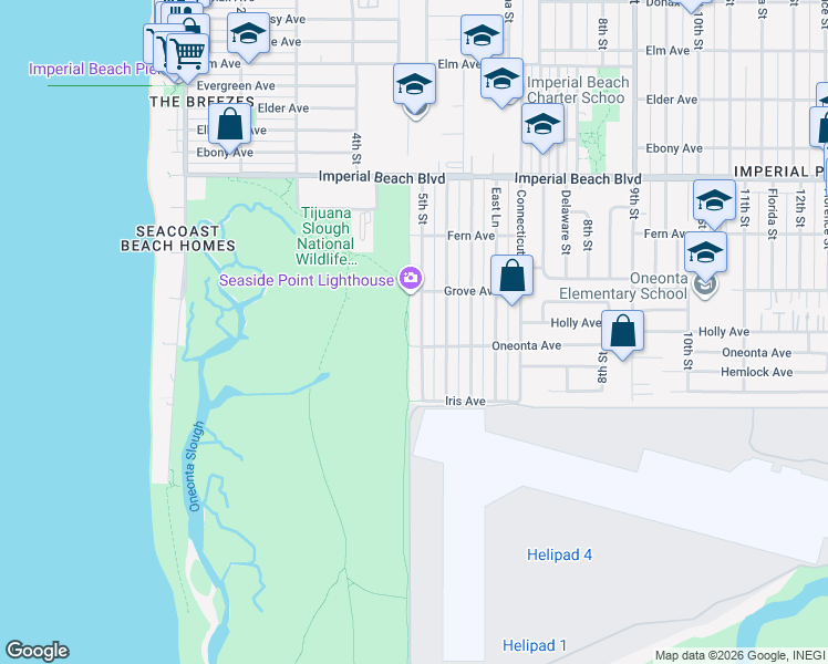 map of restaurants, bars, coffee shops, grocery stores, and more near 1400 5th Street in Imperial Beach