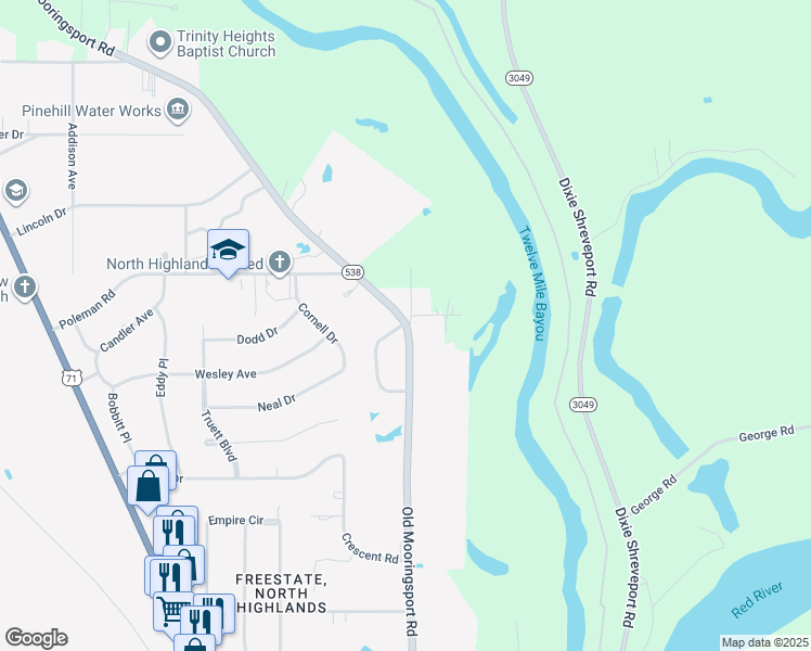 map of restaurants, bars, coffee shops, grocery stores, and more near 3339 State Route 538 in Shreveport