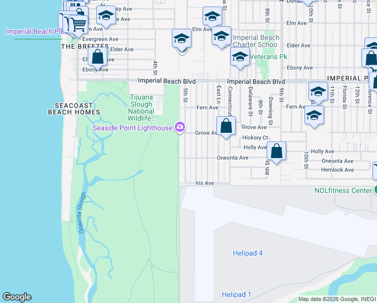 map of restaurants, bars, coffee shops, grocery stores, and more near 1400 5th Street in Imperial Beach