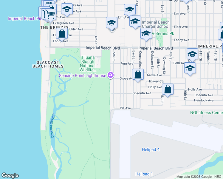 map of restaurants, bars, coffee shops, grocery stores, and more near 1400 5th Street in Imperial Beach