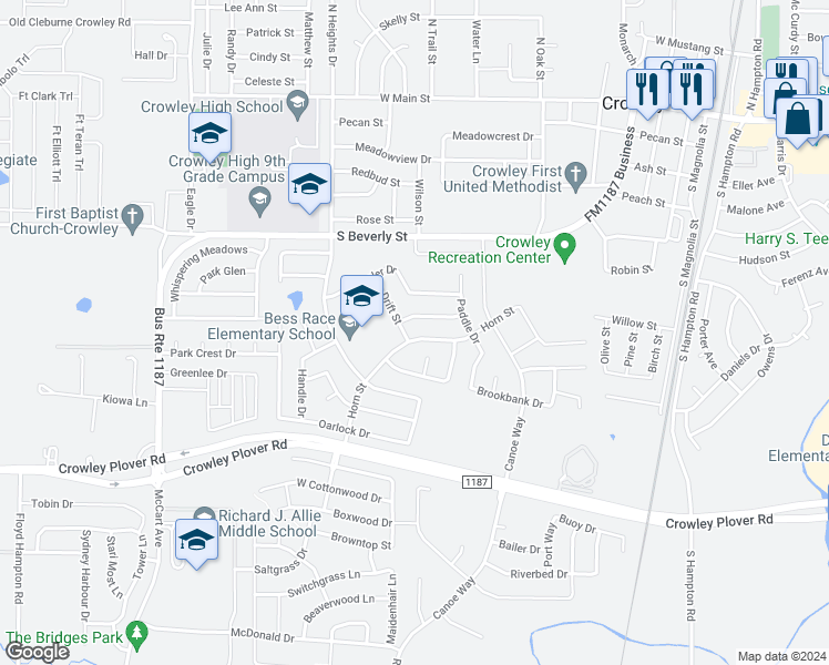 map of restaurants, bars, coffee shops, grocery stores, and more near 645 Horn Street in Crowley