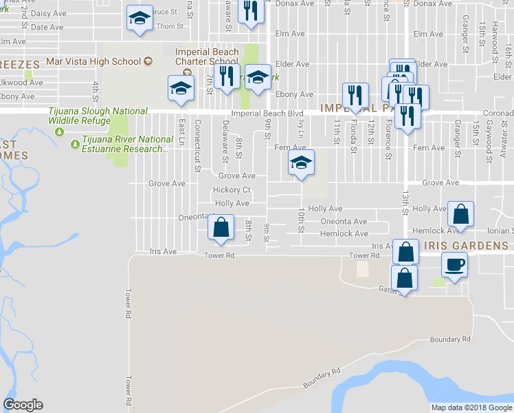 map of restaurants, bars, coffee shops, grocery stores, and more near 851 Holly Avenue in Imperial Beach