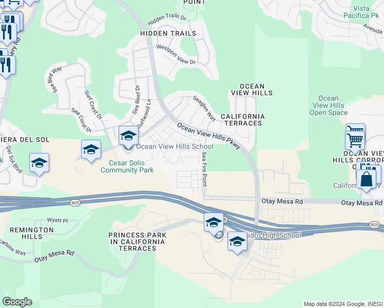 map of restaurants, bars, coffee shops, grocery stores, and more near 5360 Calle Rockfish in San Diego