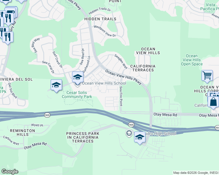 map of restaurants, bars, coffee shops, grocery stores, and more near 5320 Calle Rockfish in San Diego
