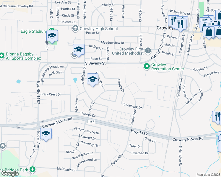 map of restaurants, bars, coffee shops, grocery stores, and more near 633 Horn Street in Crowley