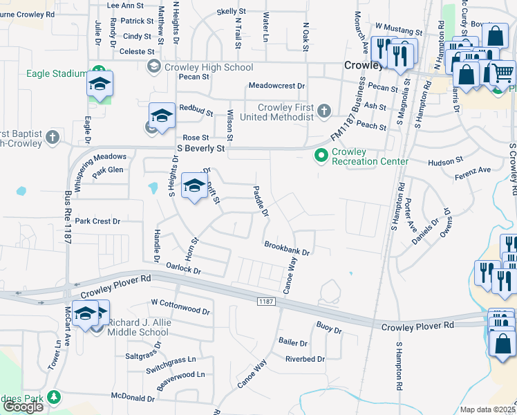 map of restaurants, bars, coffee shops, grocery stores, and more near 513 Horn Street in Crowley