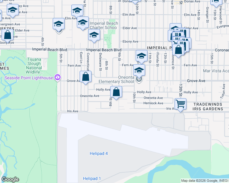 map of restaurants, bars, coffee shops, grocery stores, and more near 851 Holly Avenue in Imperial Beach