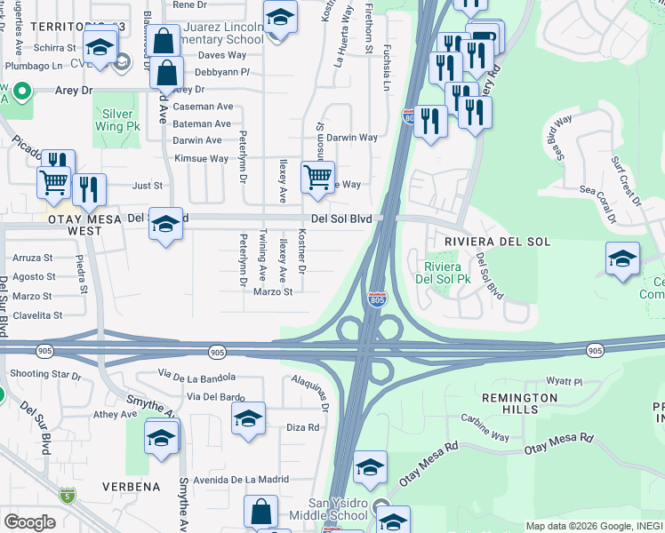 map of restaurants, bars, coffee shops, grocery stores, and more near 4293 Layla Way in San Diego