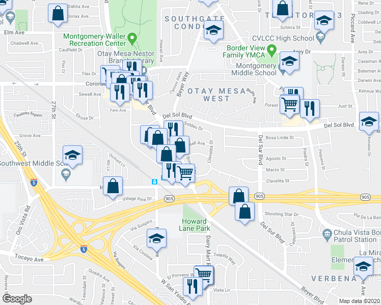 map of restaurants, bars, coffee shops, grocery stores, and more near 3209 Biscay Drive in San Diego