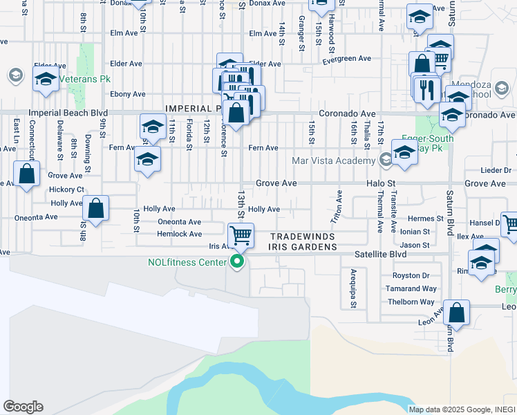 map of restaurants, bars, coffee shops, grocery stores, and more near 1331 Holly Avenue in Imperial Beach