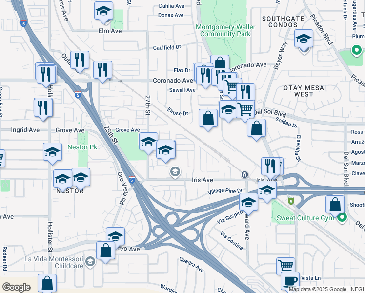 map of restaurants, bars, coffee shops, grocery stores, and more near 2888 Iris Avenue in San Diego