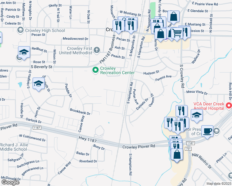 map of restaurants, bars, coffee shops, grocery stores, and more near 516 Birch Street in Crowley