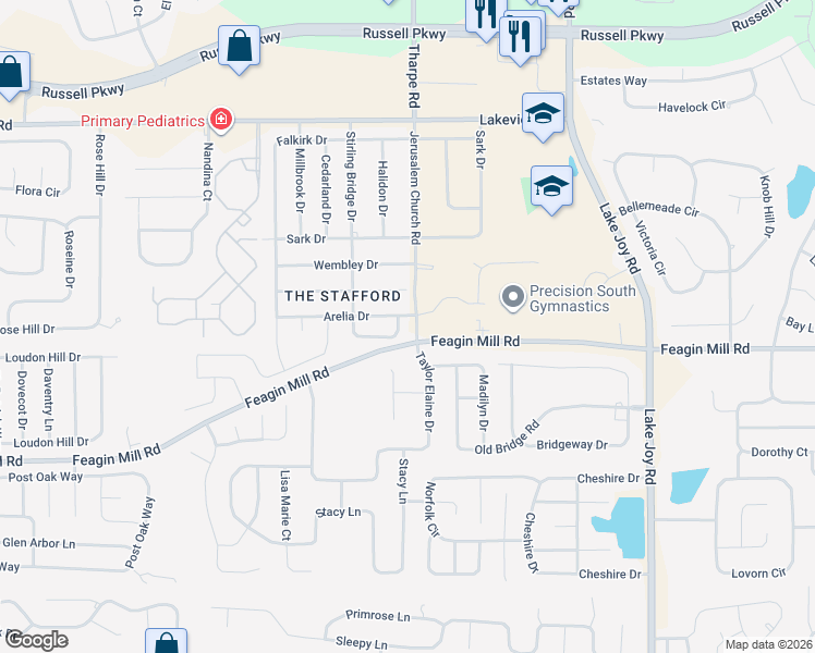 map of restaurants, bars, coffee shops, grocery stores, and more near 616 Stirling Bridge Drive in Warner Robins