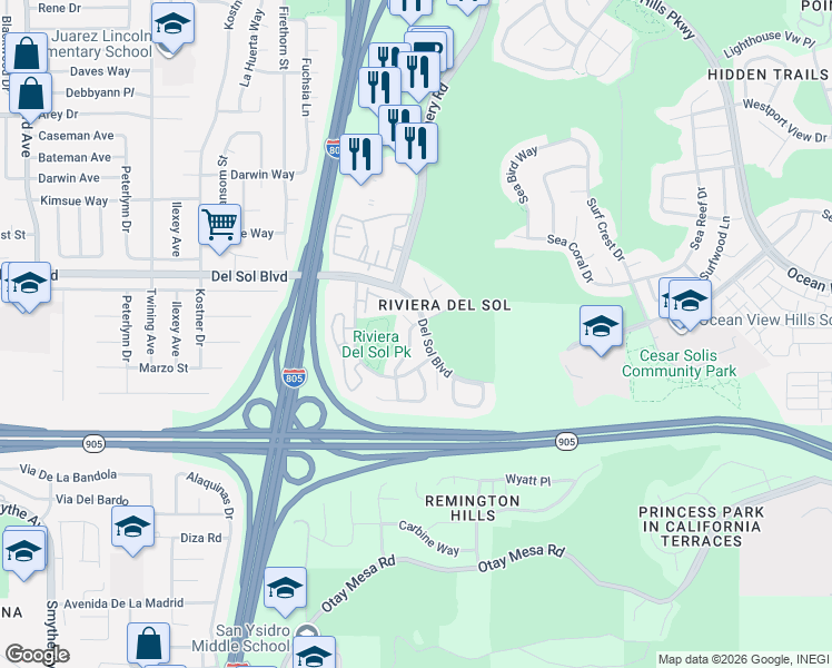 map of restaurants, bars, coffee shops, grocery stores, and more near 4536 Riviera Shores Street in San Diego