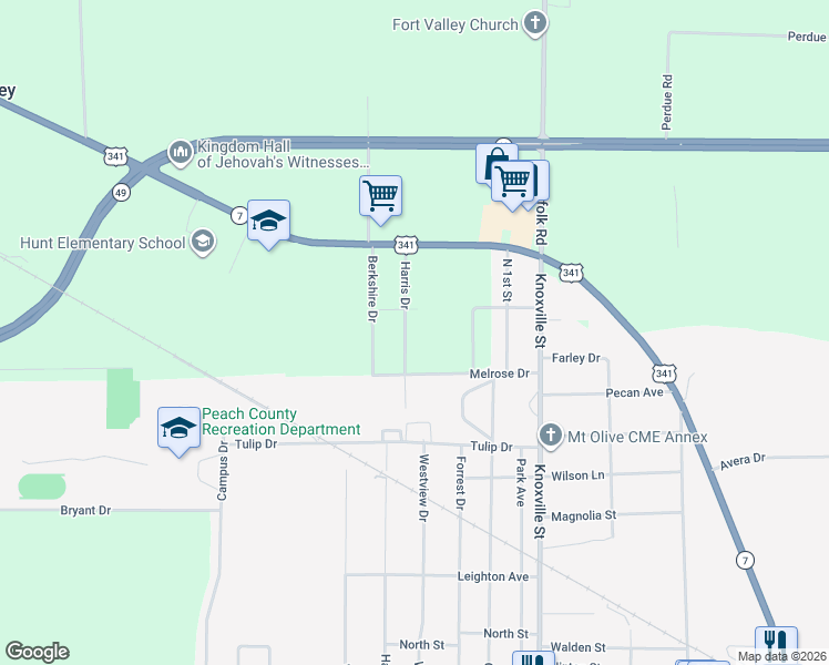 map of restaurants, bars, coffee shops, grocery stores, and more near 56 Harris Drive in Fort Valley