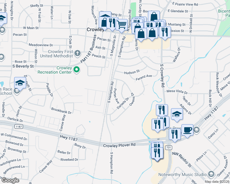 map of restaurants, bars, coffee shops, grocery stores, and more near 205 Porter Court in Crowley