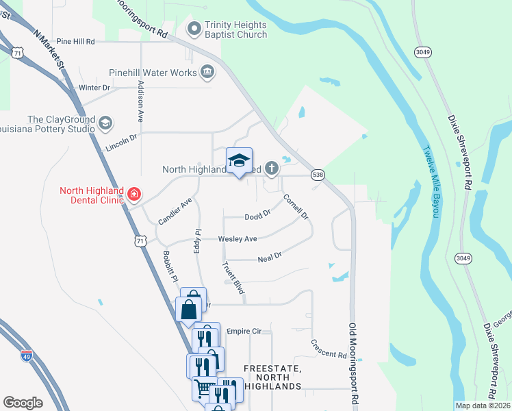 map of restaurants, bars, coffee shops, grocery stores, and more near 725 Dodd Drive in Shreveport