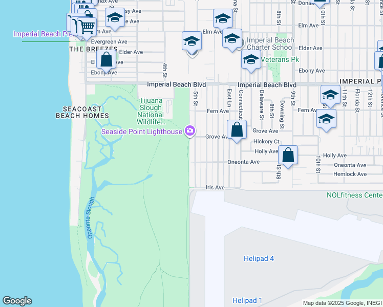 map of restaurants, bars, coffee shops, grocery stores, and more near 1360 5th Street in Imperial Beach