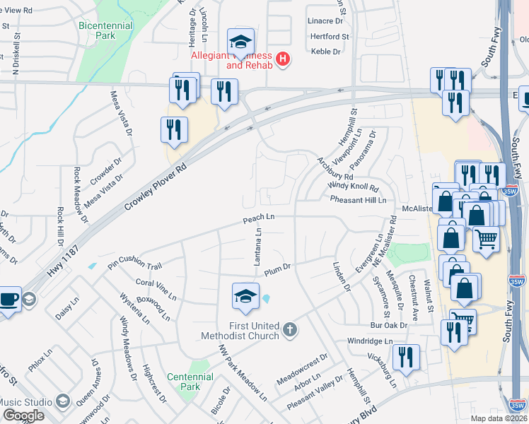map of restaurants, bars, coffee shops, grocery stores, and more near 774 Peach Lane in Burleson