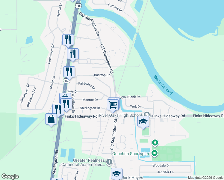map of restaurants, bars, coffee shops, grocery stores, and more near 300 Holly Ridge Drive in Monroe