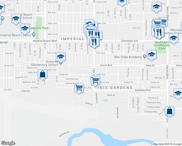 map of restaurants, bars, coffee shops, grocery stores, and more near 1284 Holly Avenue in Imperial Beach