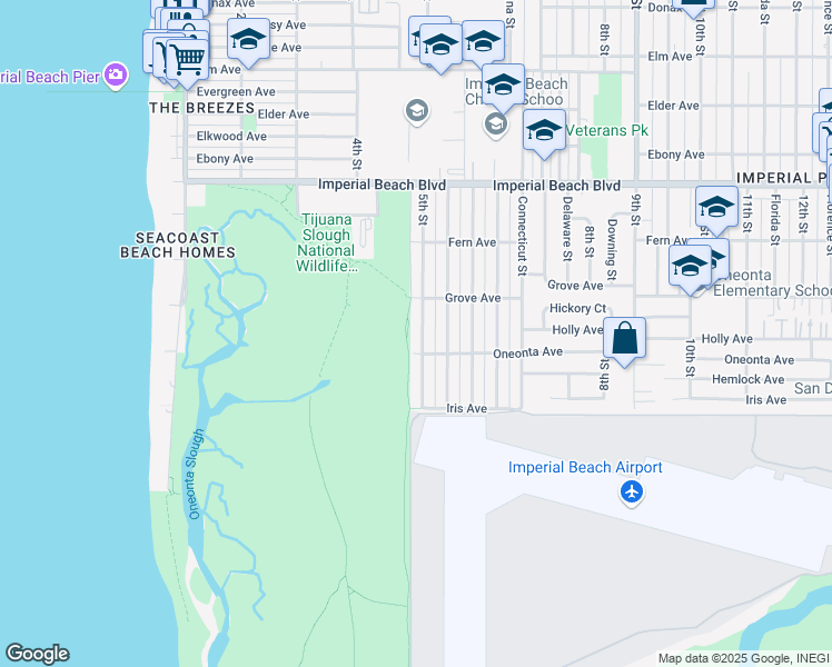 map of restaurants, bars, coffee shops, grocery stores, and more near 1360 5th Street in Imperial Beach