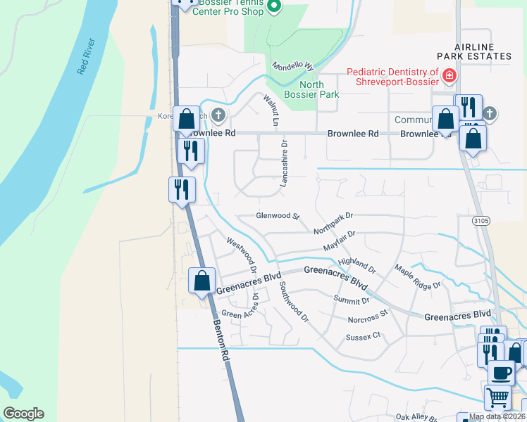 map of restaurants, bars, coffee shops, grocery stores, and more near 518 Glenwood Street in Bossier City