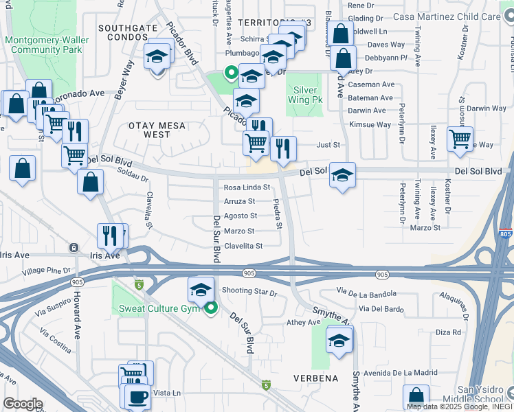 map of restaurants, bars, coffee shops, grocery stores, and more near 3731 Agosto Street in San Diego