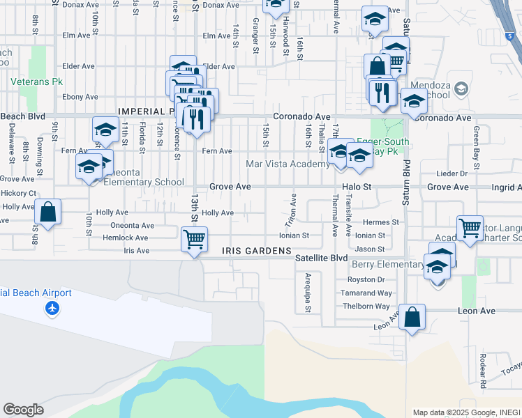 map of restaurants, bars, coffee shops, grocery stores, and more near 1473 Holly Avenue in Imperial Beach