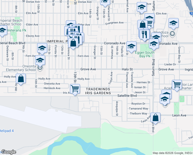 map of restaurants, bars, coffee shops, grocery stores, and more near 1473 Holly Avenue in Imperial Beach