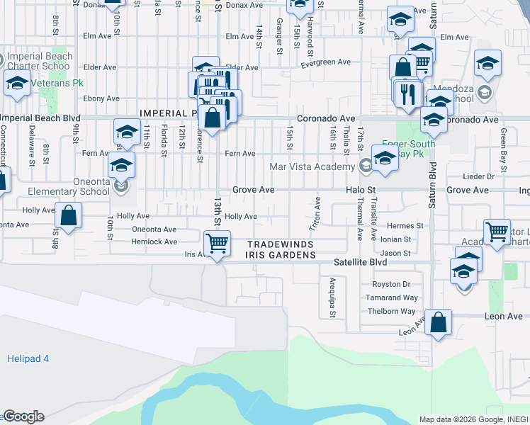 map of restaurants, bars, coffee shops, grocery stores, and more near 1431 14th Street in Imperial Beach
