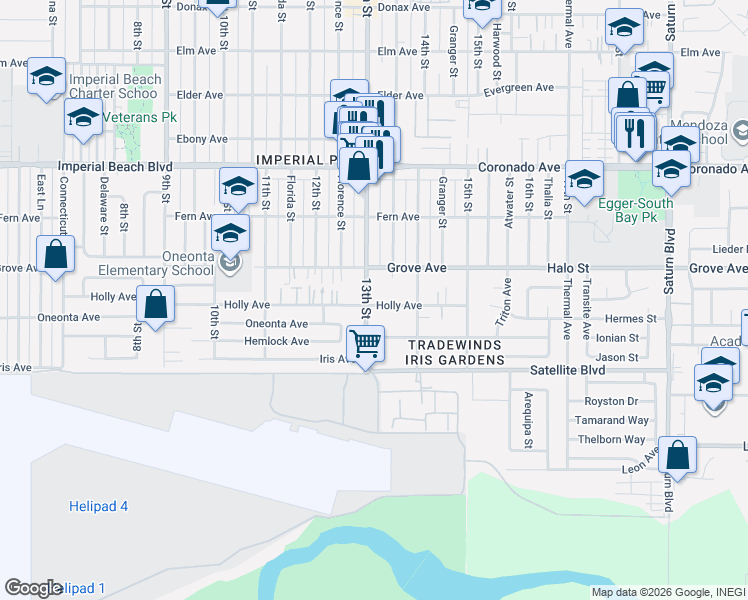 map of restaurants, bars, coffee shops, grocery stores, and more near 1331 Holly Avenue in Imperial Beach
