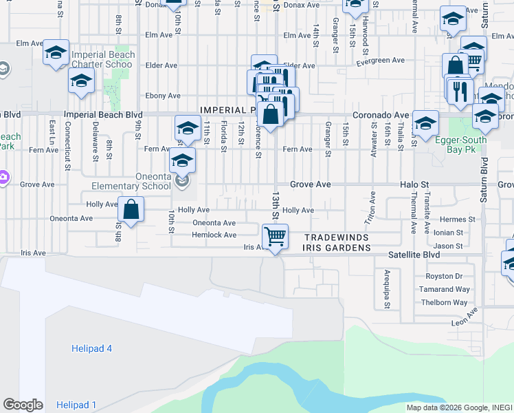 map of restaurants, bars, coffee shops, grocery stores, and more near 1415 Adelfa Court in Imperial Beach